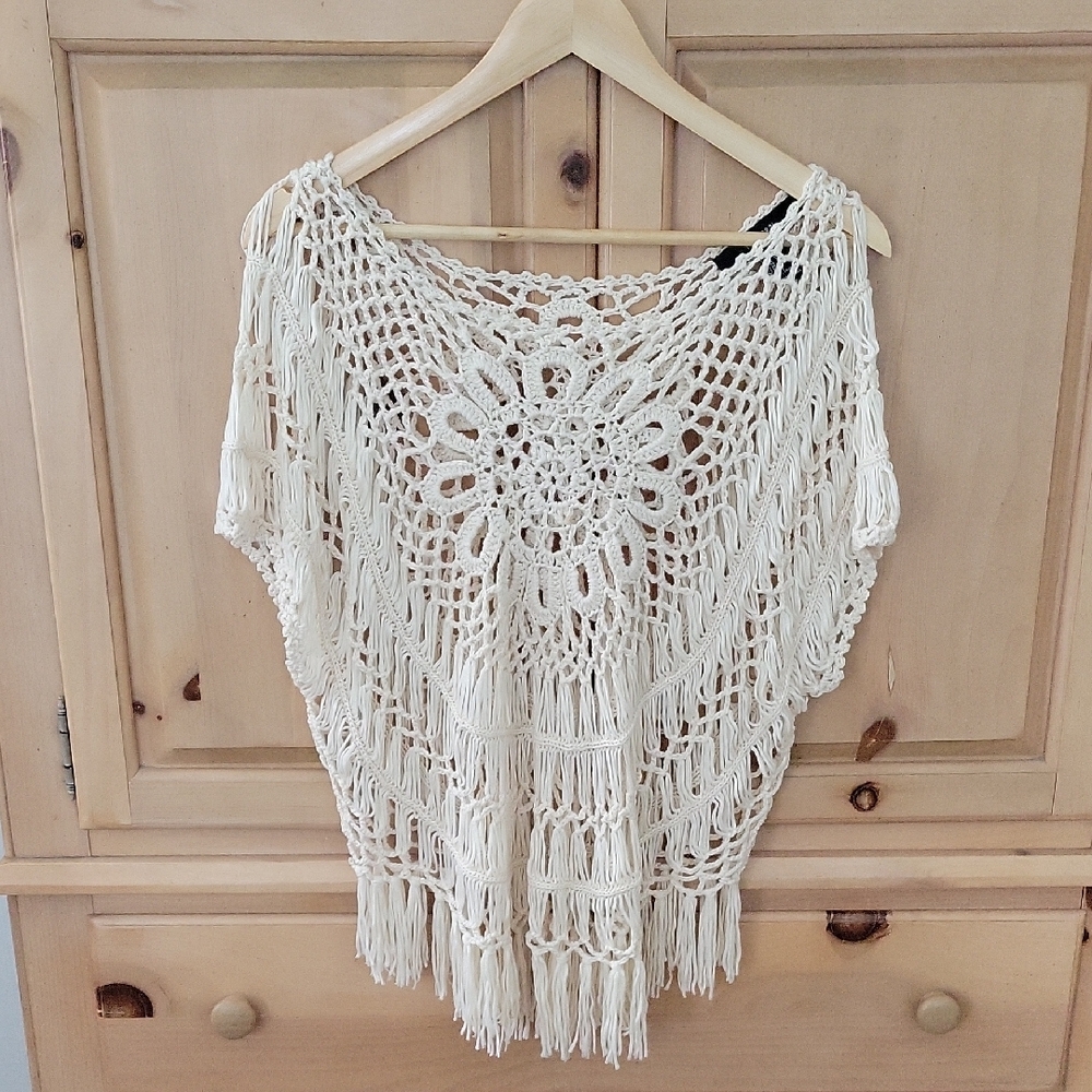 Cream Crochet Fringe Top